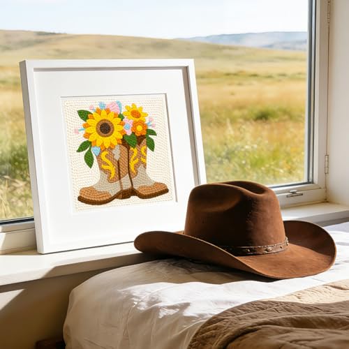 DOODLREAM Western Boots Punch Needle Kit for Beginner, 9.4"x9.4" Sunflower Punch Stitching Craft Set, DIY Embroidery Starter with Printed Frame, Instruction, Threader, Yarn, Pinch Needle - color: Western Boots