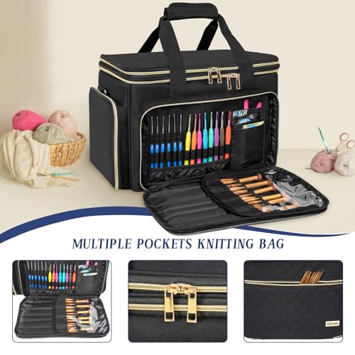 FREEAMG Knitting Bag, Crochet Bag Organizer, Yarn Storage Bag with Divider - color: Black