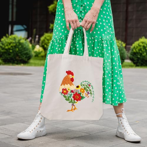 Louise Maelys Embroidery Kit Canvas Tote Bag for Beginners, Floral Rooster - color: rooster Flower