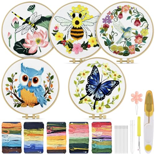 TINDTOP 5 Sets Embroidery Kit for Beginners Adult, Embroidery Kit for Beginners Include Embroidery Cloth Hoops Threads for Craft Lover Hand Stitch with Embroidery Skill Techniques - color: Animal Sets