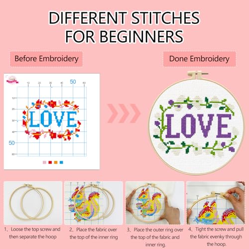 Zhenqing Love Word Cross Stitch Kit for Beginners, 11CT Printed 20x20cm with 16cm Hoop, Purple & Floral Embroidery Set(70835) - color: LOVE