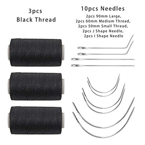 Ryalan Weaving Needle Combo Deal Black Thread with 10pcs Needle for Making Wig Sewing Hair Weft Hair Weave Extension, Big Medium and Small C J Shape Curved Needle I Needle (3 Thread Black + 10 Needle) - color: Black