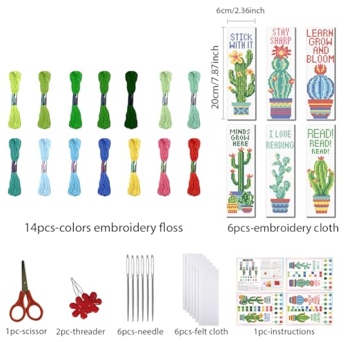 FREEBLOSS 6 Set Cross Stitch Bookmark Kits Cactus Potted Plant Pattern Stamped Cross Stitch Kit 11CT Embroidery Kit with Instructions for Beginners 20x6cm/8x2.4inch - style: Cactus Text
