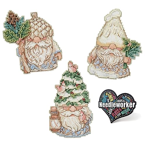 Jim Shore Woodland Gnomes (2023), Set of 3 Mill Hill Holiday Beaded Cross Stitch Ornament Kits, Plus Decorative 'Needlworker' Sticker
