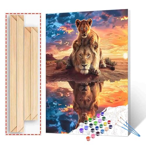 Paint by Numbers Kits for Adult DIY Reflection of Animals in Water Acrylic Pigment King of the Prairie Lion Canvas Oil Painting for Beginner Kids Home Wall Art Decor Gift 16''W x 20''H（Manual Frame） - color: Art-08, size: 16''Wx20''H(DIY Frame)