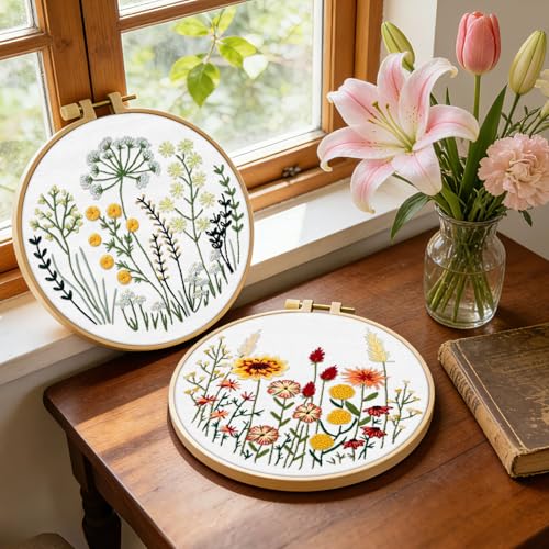 ERKOON Embroidery Kit for Beginners Adult, 2 Set Flower Cross Stitch Set Include Embroidery Cloth Hoops Threads for Craft Lover Hand Stitch with Embroidery Skill Techniques (Flowers and Plants) - color: Flowers and Plants