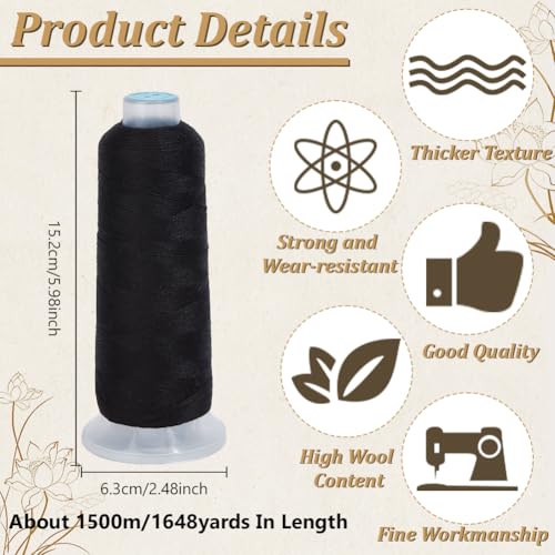 42S/2 Wool Embroidery Thread 1500m Wool & Acrylic Fibers Embroidery Floss Hand Sewing Thread Sewing Machine Kit Needlepoint Thread for Sewing DIY Craft Cross Stitch Threads (Black) - color: Black