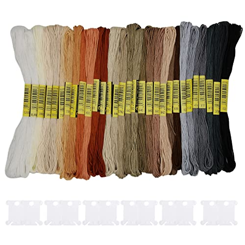 30 Skeins Embroidery Thread,White Brown Grey Black Gradient Embroidery Floss for Cross Stitch and DIY Art Craft,Friendship Bracelets String,with 12 PCS Floss Bobbins - color: White brown gray black gradient