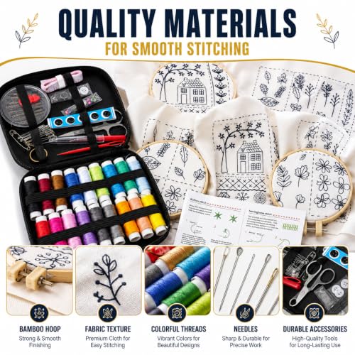 Homentry Embroidery Kit for Beginners | Gift Box with Full Set | Video Tutorial, 3pcs Hoops, 106 Patterns, 65 Water Soluble Designs, 86PCS Sewing Supplies | Starter Cross Stitch Book Kit