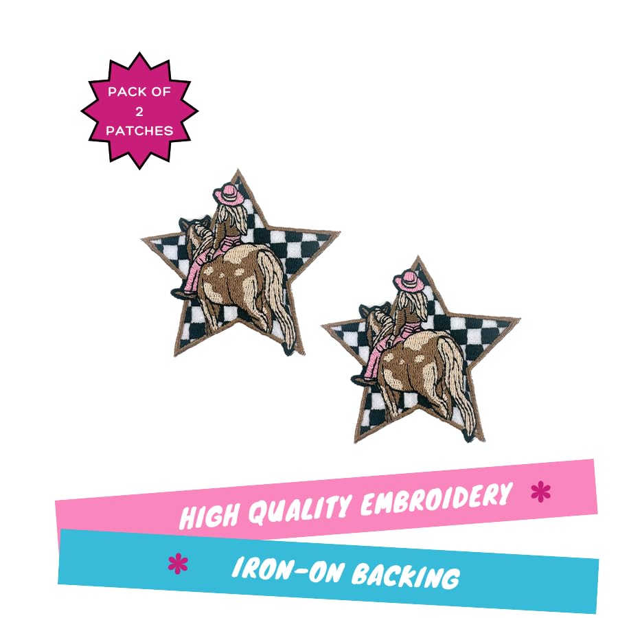 Cowgirl Checkered Star Patch, 3" x 3", 2-Pack, Embroidered Iron-On for Hats, Bags, Jackets - color: Cowgirl Checkered Star