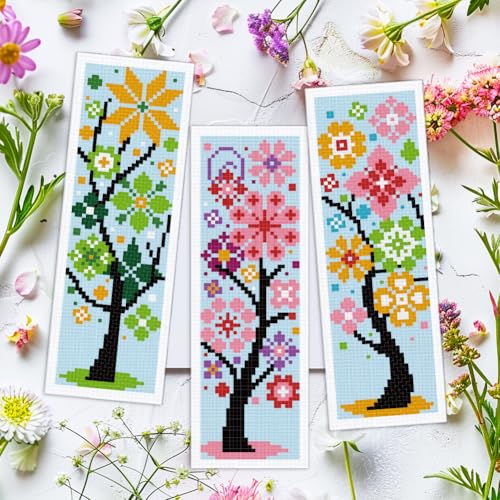 INFUNLY 6PCS/Set Tree Flowers Cross Stitch Bookmark Kit 2.99x8.54 Candy Color Handmade Cross Stitch Bookmarks DIY Embroidery Bookmarks for Readers with Instruction for Starter Adults Book Lovers - style: Tree Flowers
