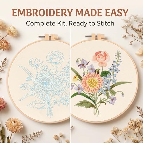 Harimau Adult Beginner Embroidery Starter Kit, Complete Set with 4 Patterns, 2 Hoops, Needles, Scissors, Instruction Guide & Stitching Video Tutorials - color: Floral7 pattern