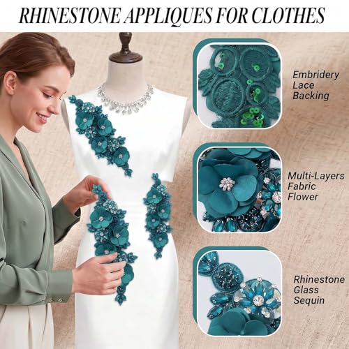 Handmade 3D Flower Embroidery Applique Rhinestone Lace Patches, Turquoise - color: Turquoise