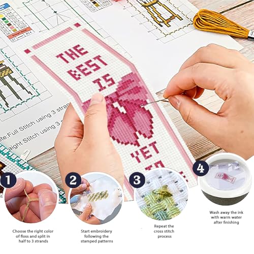 ACRNIGHEET 6PCS Cross Stitch Bookmark Kit for Beginner Cute Pink Bow Stamped Cross Stitch Kits Needlepoint Kit for Adults DIY Tassel Embroidery Bookmark Kits with Instructions Craft Gift 8.5"x3" 11CT - style: Pink Bow Patterns