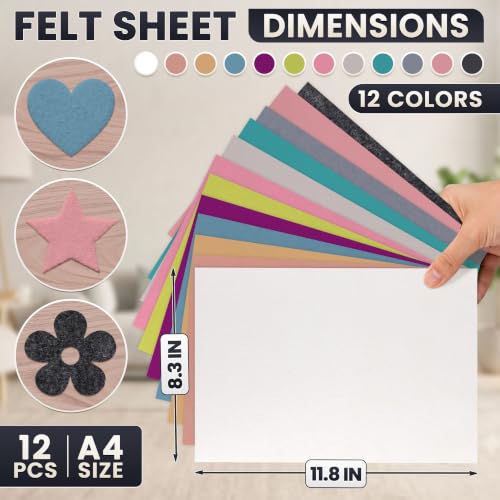 LEGLO 12 Pcs Pastel Felt Sheets for Crafts, A4 8.3x11.8, Self Adhesive - color: Bright Mulricolor