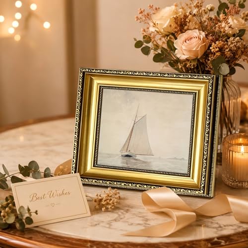 Gold Framed White Sailboat Seascape Wall Art Vintage Coastal Canvas Prints - color: Sailboat Gold Framed, size: 11"L x 9"W