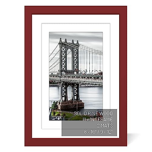 11x14 Picture Frames Solid Wood Display Pictures 9x12 or 8x10 with Mat or 11x14 Frame without Mat Poster Photo Frame Art with 2 Mats for Wall Mounting or Table Top(Red) - color: Red, size: 11x14 inch
