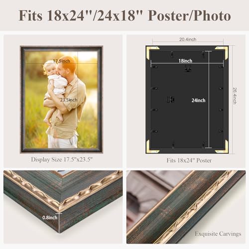 18x24 Frame Vintage Green, Ornate 24x18in Picture Frame with Floral Trim, for 18 x 24inch Gallery Photo Pic with HD Plexiglass, 1.6in Widen 0.8in Thick, Horizontal Vertical Wall Display - color: Vintage Green, size: 18x24in