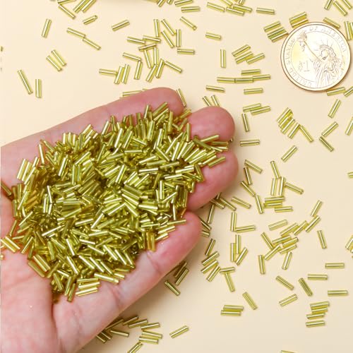 2000pcs Glass Bugle Beads, Tube Beads Bulk, Mini Long Tiny Small Waist Loose Spacer Embroidery Beaded for Bracelets Jewelry Making Sewing, Crafts, 2×6mm, Yellowish Green - color: Yellowish Green