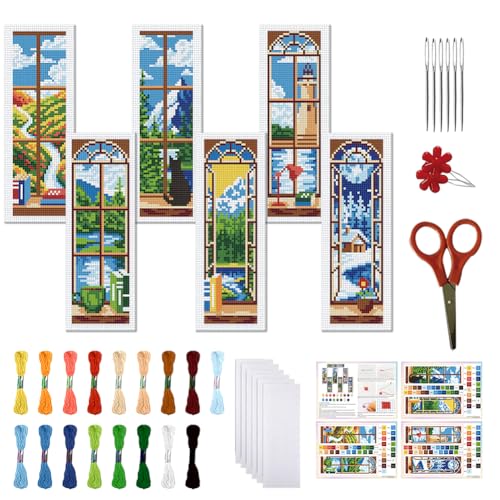 FREEBLOSS 6 Set Cross Stitch Bookmark Kit 11 CT Stamped Cross Stitch Kit DIY Embroidery Bookmark Kits for Adult Beginners with Instructions, Window Views, 6 x 20 cm/8" x 2.4" - style: Windows