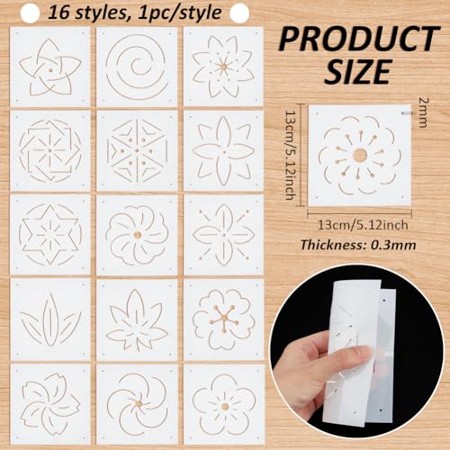 BENECREAT 16Pcs Plastic Sashiko Stencil, 5x5inch Flower Patterns Embroidery Tool Drawing Line Template for Hand Quilting and Embroidery, 0.3mm Thick - style: Flower Patterns