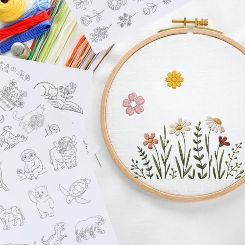 4 Sheets Water Soluble Embroidery Stabilizer, Animal Flower Embroidery Patterns Stick & Stitch Embroidery Paper Self Adhesive Wash Away,Cow Cat Bear Dinosaur Horse Animal Style for Hand Sewing Lovers - size: Pattern: Animal (Style 2)
