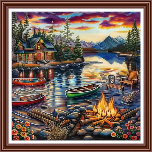 Dimensean Counted Cross Stitch Kit for Beginners, 11CT Unprinted Cross-Stitch Kit Easy Patterns Needlepoint Kit Cross Stitching Embroidery Kit Supplies-Sunset Bonfire by the Lake 18x18 inc - color: ColornNEW08