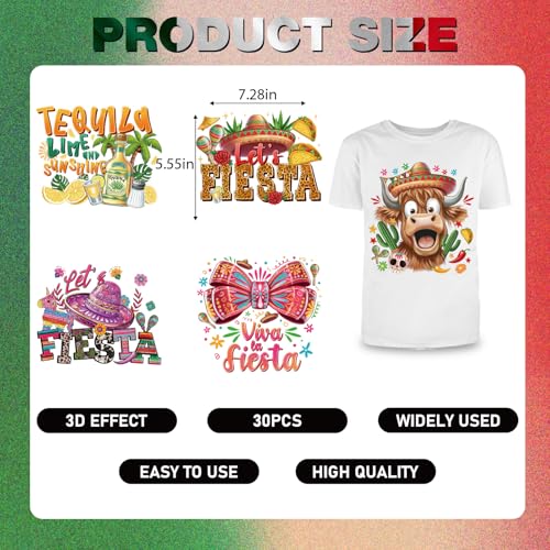30Pcs Mexico Cinco De Mayo Dtf Transfers Ready to Press Let's Fiesta Bow Iron on Transfers for Tshirts Tequila Tacos Nachos Hat Heat Transfer Vinyl Stickers for Clothing Pillows Bag DIY Crafts - color: Cinco De Mayo