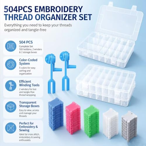 504 Embroidery Floss Organizer Kit – 500 Bobbins, 2 Winders, 2 Cases