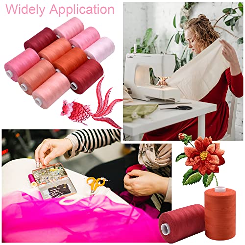 Sewing Thread 10 Color Sewing Industrial Purpose 1000 Yards Per Spool 40S/2 Polyester for DIY Sewing Machine,Embroidery Machine,Hand Sewing (Red) - color: Red