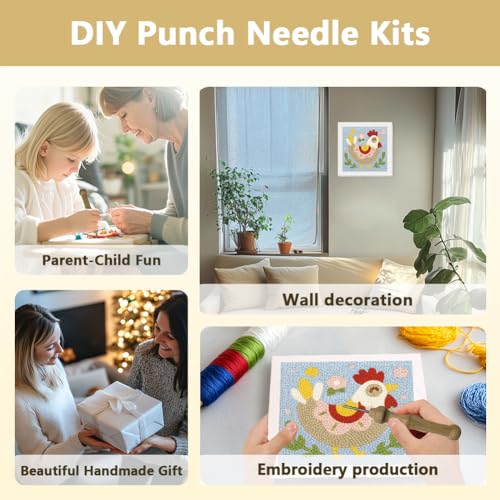 Doodlream Cute Chickens DIY Punch Needle Embroidery Kit for Adult Beginner, 9.4" Rooster Animal Punch Stitching Craft Set for Starter with Frame, Fabric Pattern, Threader, Yarn, Pinch Needle - color: Chickens