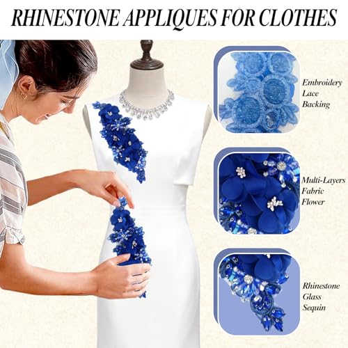 Handmade 3D Flower Embroidery Applique Rhinestone Lace Patches, Royal Blue - color: Royal Blue