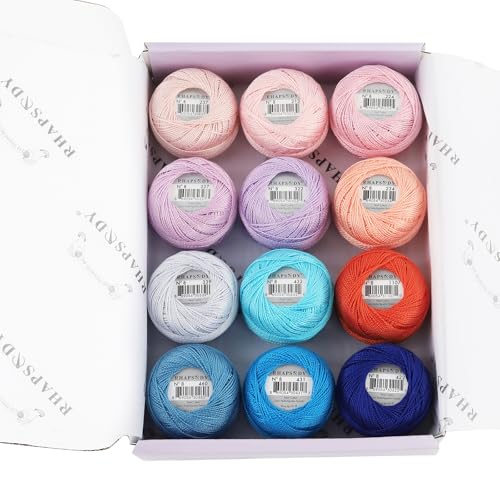 Rhapsody Pearl Cotton Thread Size 8 Crochet Thread Perle 12 Balls Set Egyptian Cotton Mercerized Hand Knitting, Embroidery, Cross-Stitch, Sewing, Needlepoint, DIY, Quilting (Set Azure Delight) - color: SET Azure Delight