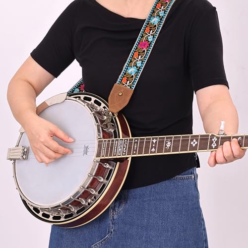 Nefelibata Banjo Strap, 2" Wide Double Crazy Horse Leather Jacquard Embroidery Strap Adjustable Replacement,Multi-pattern Strap With Metal Clips - color: Ab#-retro Floral