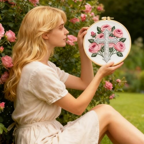 BEUNITONE 4Set Cross and Flowers Pattern Embroidery Kit for Adult Beginners - style: D-Cross Flower