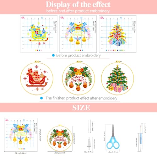 Zhenqing Stamped Cross Stitch Kits for Adults Beginners, Christmas Cross Stitch Kit, 3 Pack Holiday Needlepoint Craft Set with Printed Pattern Fabric, Christmas Tree, Sleigh and Wreath Designs - style: Christmas