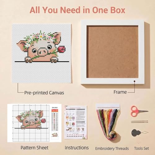 Cute Pig Stamped Cross Stitch Kits for Beginners Adults with Framed - color: DKJ005