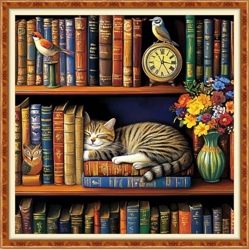 Funchey Counted Cross Stitch Kits for Adults Needlepoint Kits Unprinted Cross Stitching Embroidery Kit 11CT Cross Stitch Supplies-Cat Sleeping in on the Bookshelf 18x18 inch - color: Artcolor20
