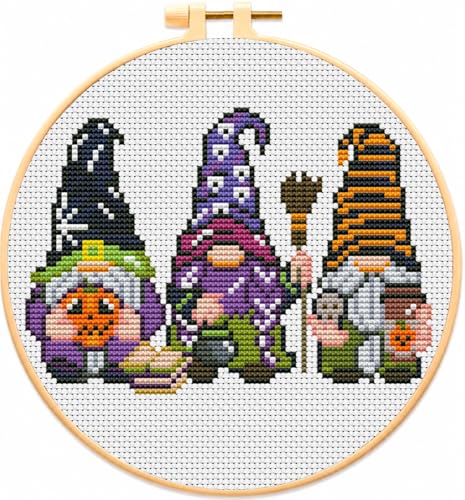 VIGEGU Gnome Stamped Cross Stitch Kits for Adults Beginners with Hoop Frame - color: Halloween Gnome Cross Stitch with Framed