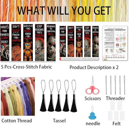 VIGEGU 5 Pcs Horror Stamped Cross Stitch Bookmark Kits for Adults Beginners - color: Halloween Cross-Stitch Bookmark2026 - 1