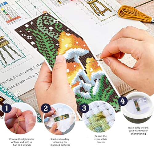 FREEBLOSS 6 Set Cross Stitch Bookmark Kit for Beginner Adults Mushroom Stamped Embroidery Bookmark Kits Cross Stitch Kits with Instruction Bookmarks Making Kit for Book Lovers 8x2.4in/22x8cm - style: Mushroom