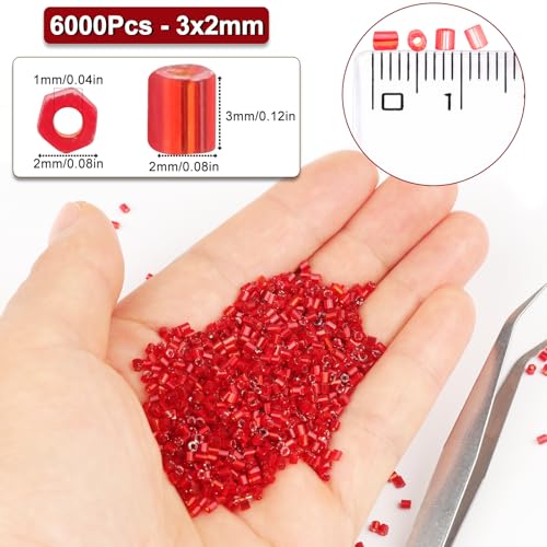 6000pcs Red Bugle Beads Bulk, Embroidery Tube Short Beads for Jewelry Making, Bracelet,Necklaces Supplies,Craft DIY(3x2mm) - color: Red