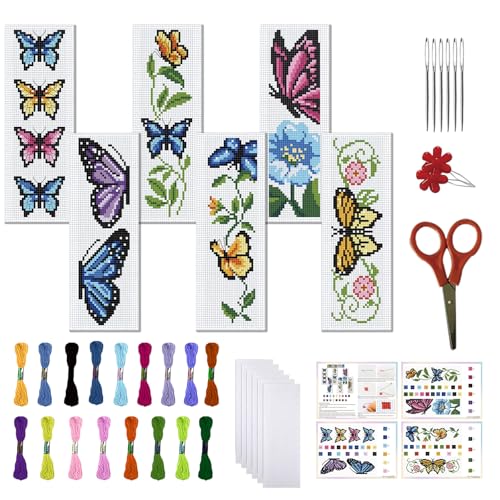 FREEBLOSS 6 Set Butterfly Cross Stitch Bookmark Kit Stamped Cross Stitch Kit Stamped Embroidery Bookmark with Instruction Cross Stitch Kits for Adults DIY Bookmark Kit 8.66''x3.14'' - style: Butterfly