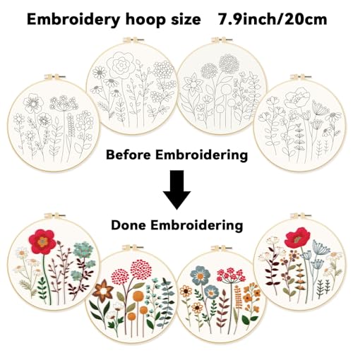 ORIGACH 4 Pack Flowers Embroidery Kits for Beginners, DIY Starter Hand Embroidery Kit with Floral and Plants Patterns and Instructions for Adults Women Crafting - color: Flowers