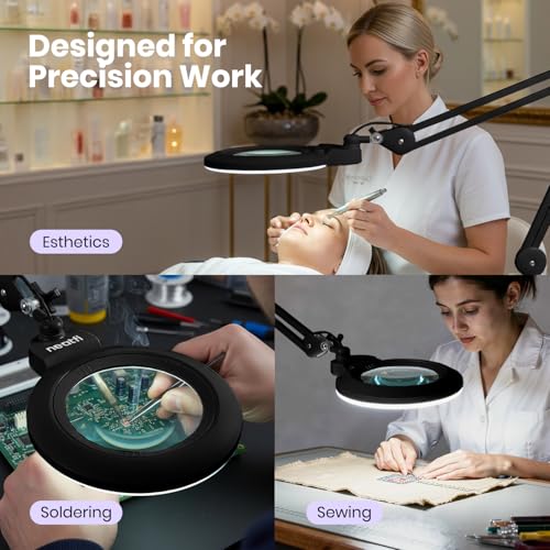 Neatfi XL LED Magnifying Lamp, Hands-Free, Dimmable, Crafts, Reading, Close Work (Black, Non-CCT with Base) - color: Black, size: 7-inch Lens, Non-CCT with Base
