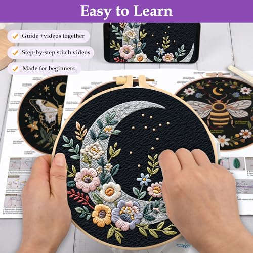 Uniartfy 3 Sets Butterfly Bee Moon Embroidery Kits for Beginners, DIY Cross Stitch Starter Craft Kit for Adults, Needlepoint Kits Including Cloth with Flower Plant Pattern, Hoop, Tools, Instructions - color: Embroidery Kit-O