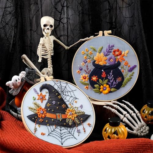 MGARDENMYI Floral Witch Hat Embroidery Kit Halloween Cross Stitch Material Set with Bat Skull Flower Pumpkin Patterns, DIY Hand Needlepoint Embroidery Craft Kit for Beginners Professional (Set of 7) - color: Set of 7