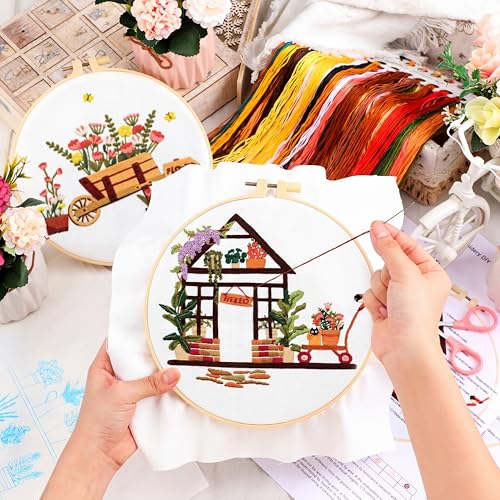 Kigley 5 Sets Embroidery Starter Kit for Adults Plant Lover Gifts for Women Beginners Flower Embroidery Shop Pattern Cross Stitch Set Flower Needlepoint Kits