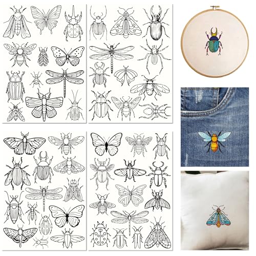51Pcs Water Soluble Embroidery Designs Insect Embroidery Patterns Butterfly Bee Insect Theme Stick and Stitch Wash Away Transfer Paper Stabilizers for Hand Sewing Beginners 11.7 x 8.3 Inch - color: Insects