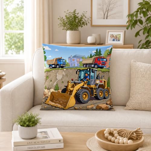 18x18 Cartoon Bulldozer Square Kids Construction Vehicle Pillow Cover - color: Pa10041, size: 18" x 18" (Pack of 1)